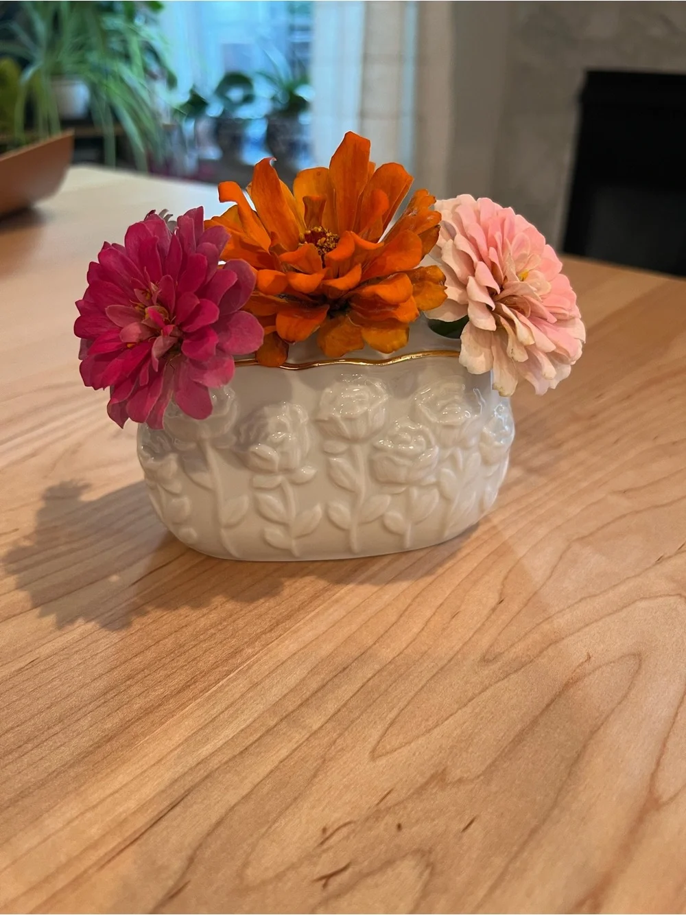 White Ceramic Floral Bud Vase with Gold Trim